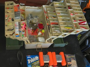 Large Plano Fishing Tackle Box with Accessories and Lures including Daredevils and Rapalas, Hula Popper and More