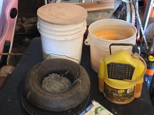 Lot of Fishing Gear including Frabill Min-O-Life Bait Station, Fish Decals, Floathing Fish Basket, and Pails