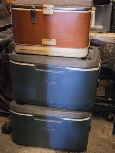 Thermos and Coleman Coolers, Including 2 Coleman Coolers and Vintage Thermos Steel Belted Cooler