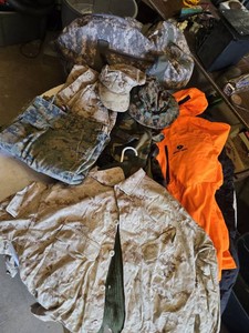 United States Marine Corps Uniform Items (L and XL See Tags), Orange Hunting Jacket (XL), The Northface Snow Pants (size mm)