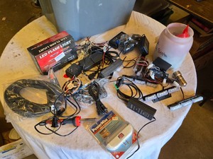LED Flashlights Kit including ACDC Adapters, Soldering Iron, and Mini Fluorescent Light - Some Used, Some Adapters have no ends