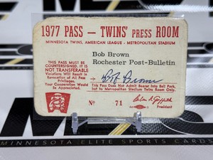 1977 Minneosta Twins Press Room Pass - Bob Brown