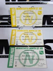 Minnesota North Stars (3) Working Pass Media Tickets - 1978-79, 1979-809, 1980-81 - Bob Brown - Vintage Hockey