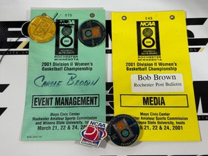2001 NCAA Division II Womens BasketballC hampionship Event Management and Media Passes w 4 Pins - Bob Brown and Carole Brown