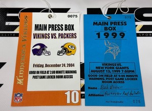 (2) Minnesota Vikings Main Press Box Passes from 1999 and 2004 - Bob Brown