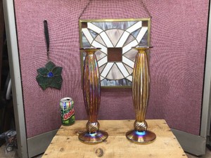 Pair SILVESTRI - Blown Glass Candlesticks Plus Stained Glass