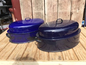 (2) Vintage Large Enamel Roaster Pots Including SAVORY