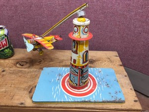 Vintage Unique Art SR8 Wind Up Airplane - Tin Litho
