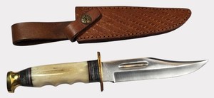 HANDMADE Bowie Hunting Knife  Sweeping Clip Point Blade  Bone-Style Handle  Leather Sheath  NEW