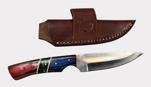 Ashen Edge Fixed Blade Hunting Knife  Vibrant Multicolor Wood Handle  Leather Sheath  NEW