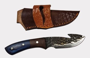 HANDMADE Gut Hook Hunting Knife  Textured Forged-Style Blade  Blue Wood Handle  Leather Sheath  NEW