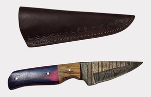 Handmade Damascus-Style Fixed Blade Hunting Knife  Blue & Purple Wood Handle  Leather Sheath  NEW