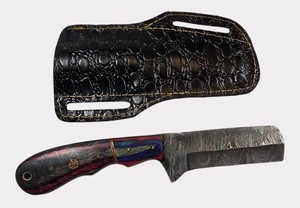 Damascus-Style Fixed Blade Knife  Carved Wood Handle & Leather Sheath  NEW