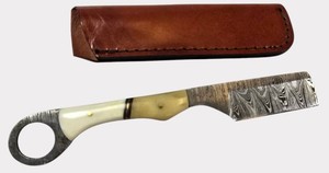 Damascus-Pattern Folding Pocket Knife  Blue Wood Handle & Sheath  NEW