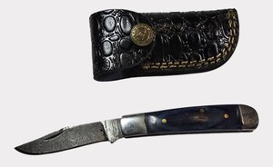 Damascus-Pattern Mini Cleaver Knife  Cream Handle, Finger Ring & Leather Sheath  NEW