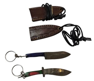 2 Mini Damascus Pattern Fixed Blade Knives with Leather Neck Sheaths & Keyrings  NEW