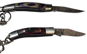 2 Mini Damascus Pattern Folding Pocket Knife Keychains with Wood Handles  NEW