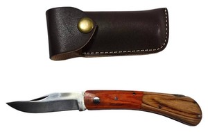 Two-Tone Wood Handle Folding Pocket Knife with Leather Belt Sheath  NEW