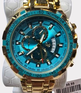 NEW AJ Sports-Master Gold-Tone Mens Watch  Stunning Turquoise Blue Dial  46mm  Retail Tag $199.99