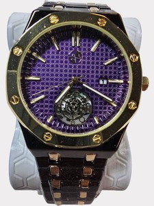 NEW  AJ USA  Time-Master Quartz  Movement  Watch  Purple Dial  Black & Gold Bracelet  43mm  $199.99 Tag
