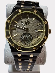 NEW  AJ USA  Time-Master Quartz  Movement  Watch  Silver Textured Dial  Black & Gold Bracelet  43mm  Model 43M-002