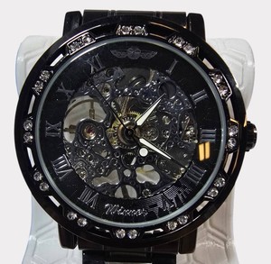 NEW Winner  Black Skeleton Mechanical Watch  Crystal-Accent Bezel  Roman Numerals  Exhibition Caseback  Metal Bracelet