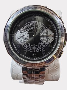 NEW Montres Carlo MC Mens Silver-Tone Chronograph-Style Watch  Black Dial  48.16mm  Metal Bracelet & Tag