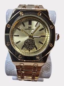 NEW Montres Carlo MC Mens Gold-Tone Quartz Watch  Textured Gold Dial  42.99mm  Metal Bracelet & Tag