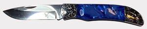 THE BONE EDGE Blue Pearl Folding Pocket Knife  Decorative Bolsters  Box  NEW