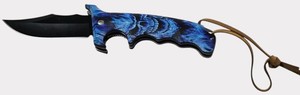 BLUE FLAMING SKULL Tactical Folding Pocket Knife  Black Blade  Pocket Clip & Lanyard  NEW