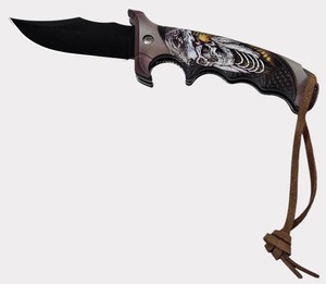 Skull & Wolf Graphic Tactical Folding Pocket Knife  Black Blade  Belt Clip & Lanyard  NEW
