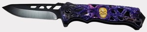 Purple Galaxy Skull Folding Pocket Knife  Black Blade, Gold Skull Emblem & Box  NEW