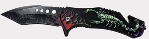 Green Scorpion Folding Pocket Knife  Black Tanto Blade, Skull Tail & Glass Breaker  NEW