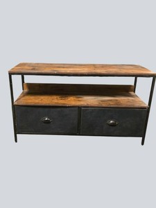 Rustic Industrial Farmhouse TV Stand  Console Table  Wood & Black Metal  2 Drawers