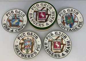 Collectible Pub Grub Bangers And Mash English Pub Pubware Plates Set Of Four (New Old Stock)
