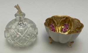 Fancy Antique Nippon Hand Painted Footed Cup 1.75 x 3  With Small Crystal Oil Lamp 2.5