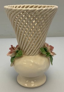 Vintage Twisted Spaghetti Weave Ceramic Vase With 3d Flowers 6