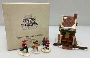 Vintage Collectible Department 56 Heritage Village Collection Childe Pond And Skaters Set Of Four In Original Box