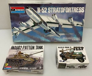 Partially Assembled Military Model Kits Including B-52 Strato Fortress, MP2 World War II Jeep & M48A2 Patton Tank Both Seem Complete In Original Boxes
