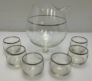 MCM 60s Dorothy Thorpe Style Mixing Pitcher And Glasses WSilver Accent 7.625 