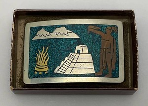 1950s Hecheon Mexico Marked Turquoise Aztec Themed Belt Buckle