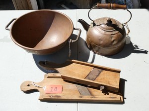 Copper bowl and teapot plus a couple slicers