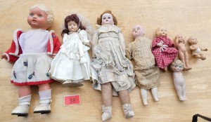 EIGHT small vintage antique dolls, Schildkrot-Puppen Ltd Ed, Armand Marseille