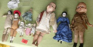 Seven small vintage dolls and 2 figurines, WWII WAC doll, Schoenhut