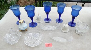 5 blue wine glasses, 2 lenox bells, condiment dishes