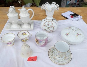 Lenox Crouset set and bell, Kaiser Palermo porcelain lidded bowl and Fenton vase