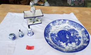 Large turkey plate, basket, mini delftware bells and jar