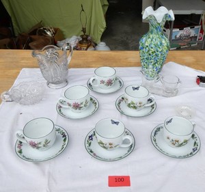 Six Very pretty porcelain floral cup and saucer sets, vase, creamer and sugar