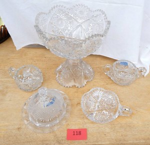 Pretty glass bowl 9-12 across 9 tall, creamer sugar, butter dish, condiment dish