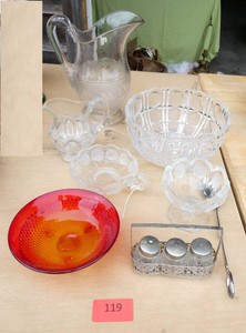 Glass pitcher, bowl, creamer, S&P etc